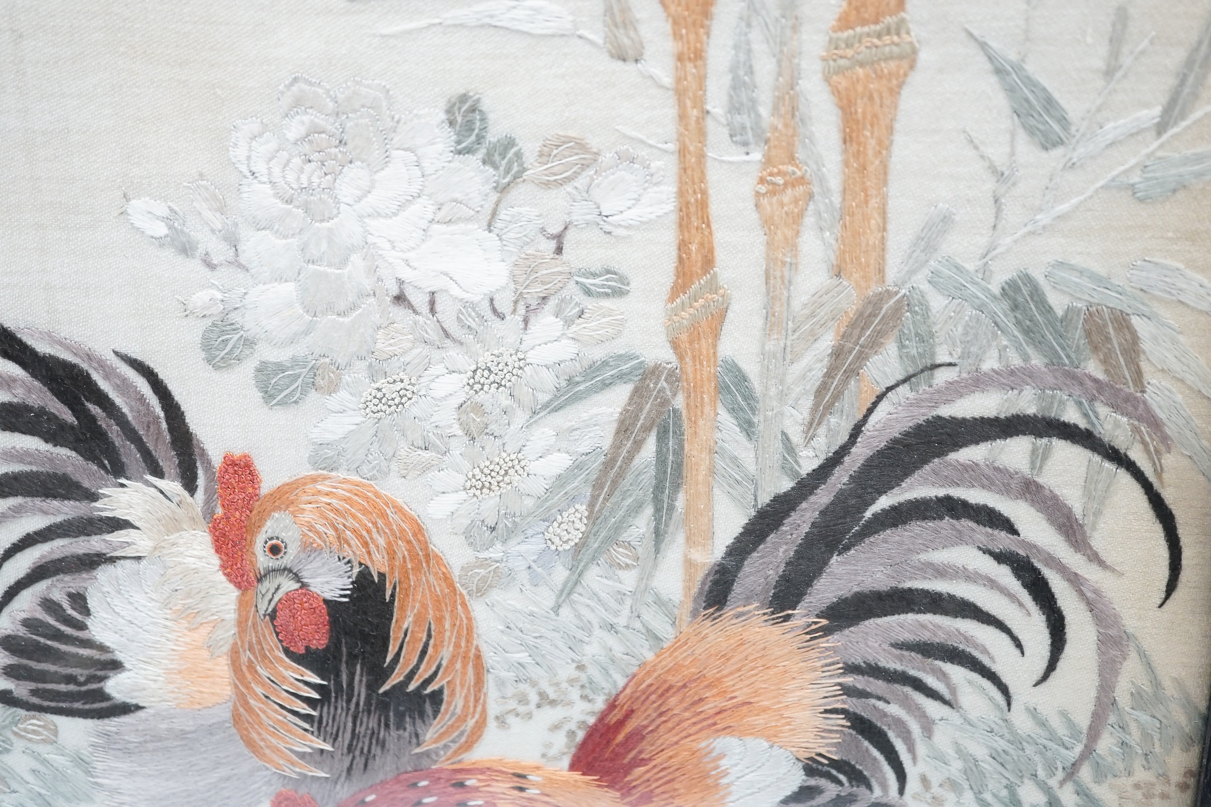 A Chinese framed silk work panel of chickens, 50x35cm